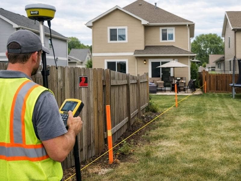 Boundary survey showing a land surveyor marking a residential property line near a fence