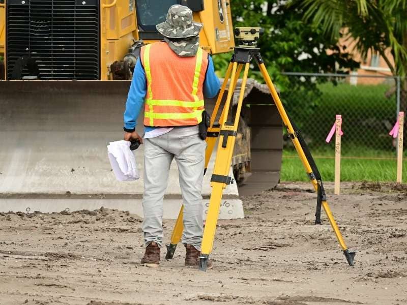 Professional land surveyor using surveying equipment at a construction site for property and land survey work