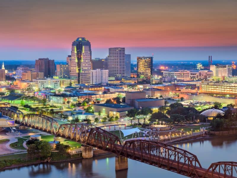Downtown Alexandria, Louisiana skyline and riverfront representing professional land surveying services, property surveys, and land development planning in Alexandria