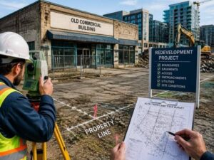 Survey crew reviewing ALTA survey data at an older commercial redevelopment property.