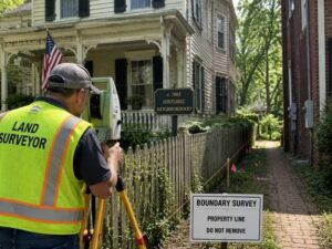Surveyor checking property lines beside a historic home before renovation work.